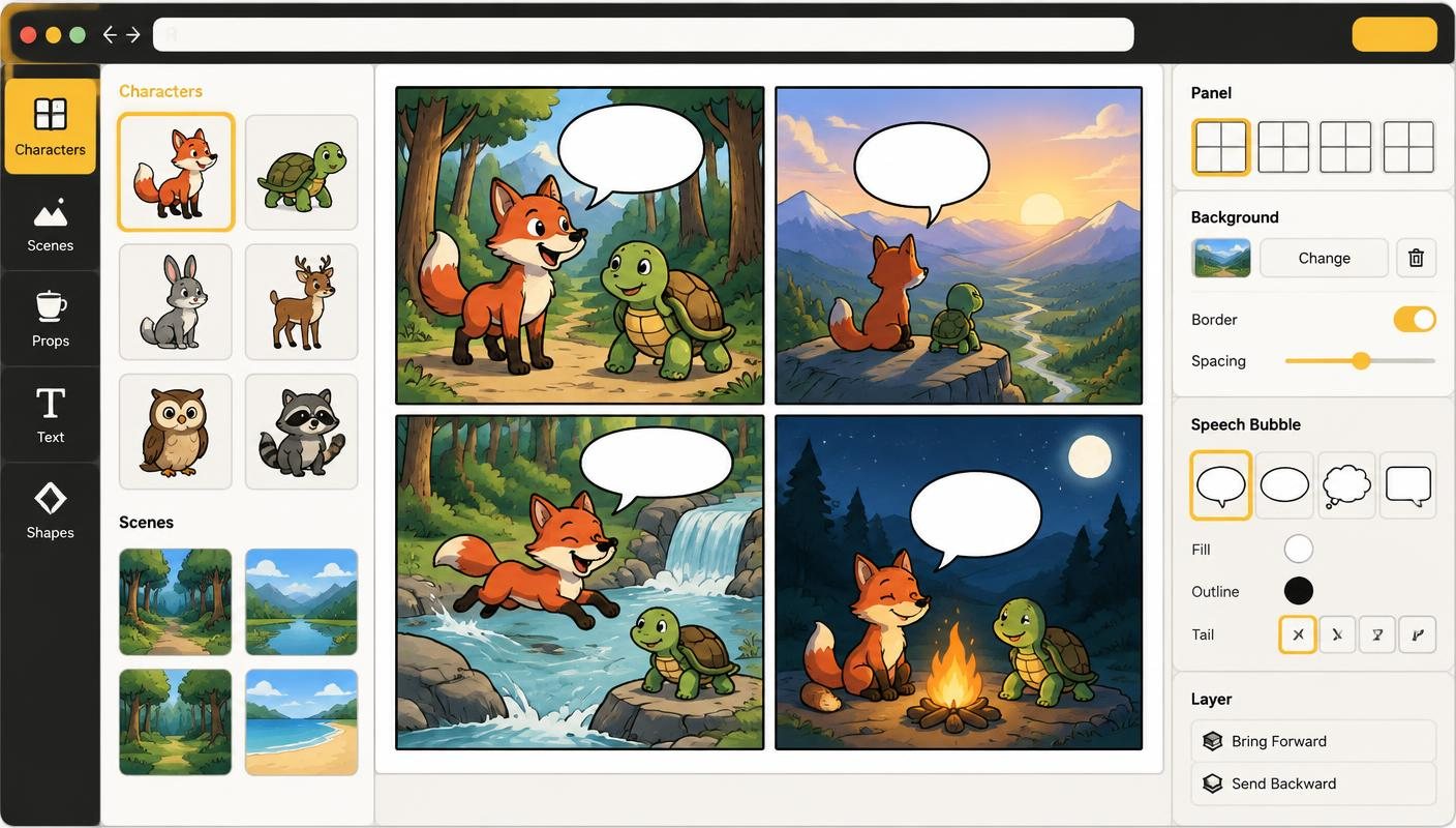 Comic Creator editor assembling a four-panel animal comic with reusable characters, scenes, and speech bubbles